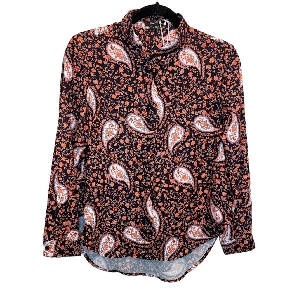 Velvet Heart Button Down Blouse Top Long Sleeve Black Paisley Floral XS New
